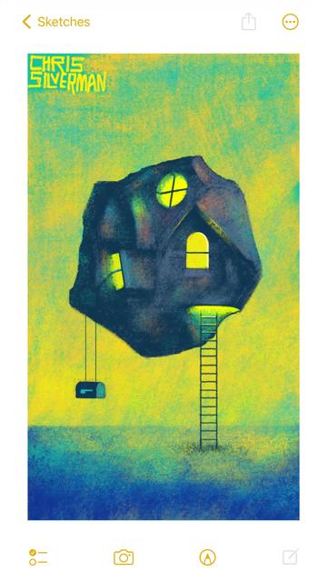 A large, dark, boulderlike object hovers above a blue surface. The object is slightly iridescent and has various windows stuck in it at haphazard angles, all of which glow with yellow-greenish light. Hanging from its underside is a small mailbox with a blue flag. Also hanging from the underside is a ladder, leading up into a glowing hatch. The sky is a greenish yellow. The painting is signed "Chris Silverman".