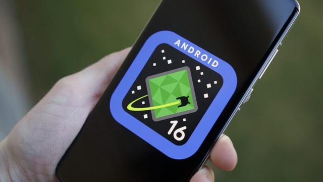 Android 16 logo on a phone.