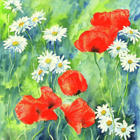 Daisies and poppies is a watercolor painting in contemporary square format by artist Karen Kaspar. Wildflowers like white daisies and red poppies are dancing in a summer garden in vibrant shades of green.