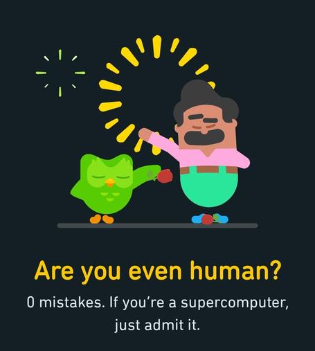 A cropped screenshot from the Duolingo app. A green owl and a man are celebrating. The text underneath says, "Are you even human? 0 mistakes. If you're a supercomputer, just admit it."
