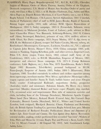An absolutely, impeccably, definitely genuine page from WHO'S WHO, c. 1908, listing the tremendous achievements of one of Britain's great Imperial heroes.