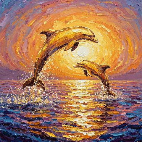 Dolphins leap joyfully through the air against a vibrant, swirling sunset. The water's surface reflects a blend of warm colors, creating a lively, dynamic scene.