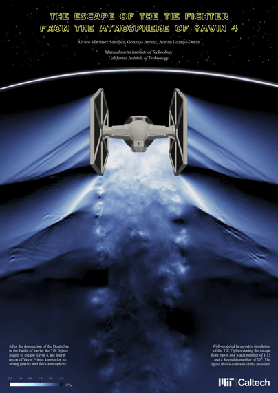 A research poster showing pressure contours around a TIE fighter moving through an atmosphere at Mach 1.15.