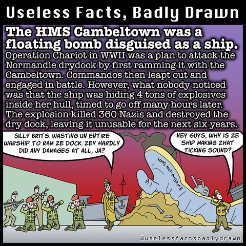 The HMS Cambeltown was a floating bomb disguised as a ship.
Operation Chariot in WWII was a plan to attack the Normandie drydock by first ramming it with the Cambeltown. Commandos then leapt out and engaged in battle. However, what nobody noticed was that the ship was hiding 4 tons of explosives inside her hull, timed to go off many hours later.
The explosion killed 360 Nazis and destroyed the dry dock, leaving it unusable for the next six years.
