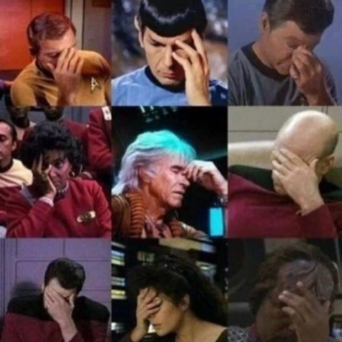 9 images (3 x 3 squares) showing various Star Trek characters doing a "face palm." 

Top Row L to R: Kirk, Spock, and McCoy
Middle Row L to R: Uhura, Khan, Picard
Bottom row L to R: Riker, Troi, Worf