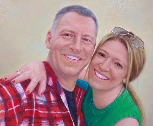 a painting, it is a couple, in their 40s-50s, taking a selfie, he is wearing a red flannel shirt and has grey hair and is smiling, his wife has her arm around him and is smiling, her sunglasses on her head, wearing a green sleeveless sweater and necklace, a light naples yellow background