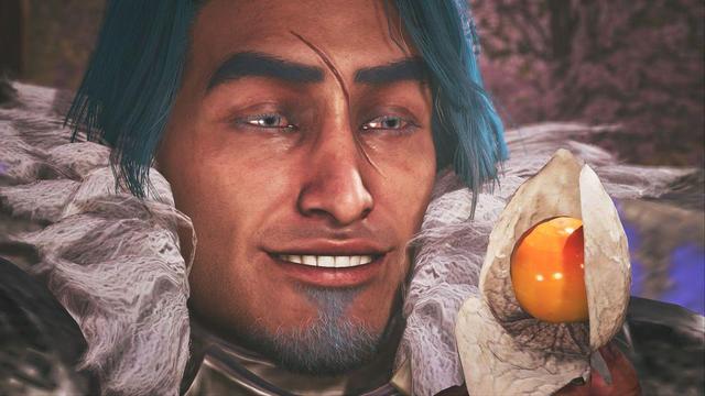 my character in Monster Hunter Wilds looking stoned while staring at an odd looking orange fruit surrounded by white leaves