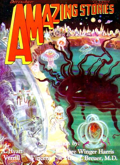 A space ship or more probably submarine is seen on one side of the image, with figures seen through its translucent hull; on the right is a pool with a large black tentacled creature in it; jellyfish are floating around and above the rim of the pool are mountains or possibly pointed buiildings.
Amazing Stories magazine cover from 1929.