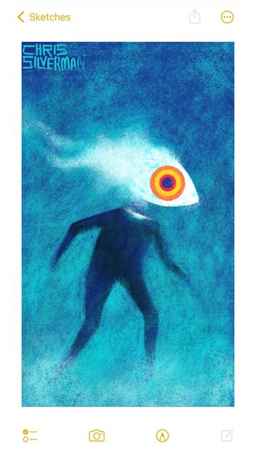 A dark figure wanders through a foggy blue night. Where the figure's head would be floats a glowing white eye with a multicolored iris, ringed in orange, yellow, and red. The eye is partly dissolving into bluish white fog, leaving a trail behind it. It looks almost like a fish. The painting is signed "Chris Silverman".