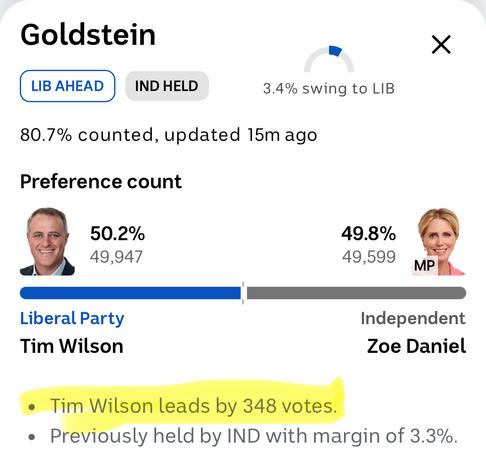 Screenshot of ABC vote count for Fed electorate of Goldstein, showing Tim Wilson (Lib) is now 348 votes ahead of Zoe Daniel (Ind)