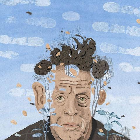 Illustration of an older man with tired eyes, his hair blending into tree branches, with plants and floating leaves in front of a blue sky.