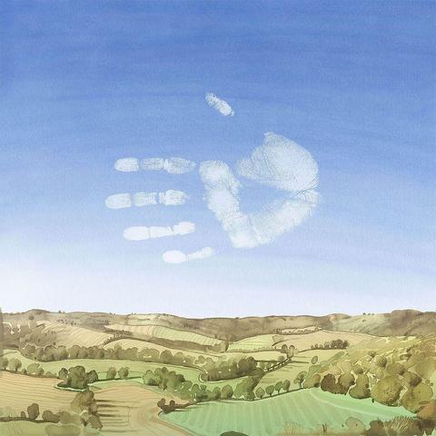 A handprint-shaped cloud floats in a clear blue sky above a picturesque landscape of rolling hills and farmland.