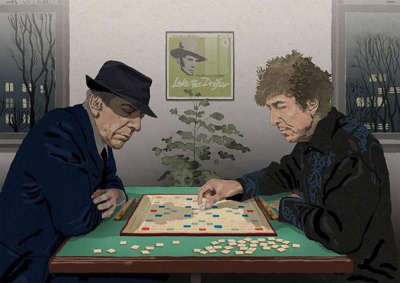 An illustration of Leonard Cohen and Bob Dylan as two players engaged in a game of Scrabble, with a potted plant and a framed artwork in a cozy, dimly lit room.