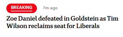 Zoe Daniel defeated in Goldstein as Tim Wilson reclaims seat for Liberals