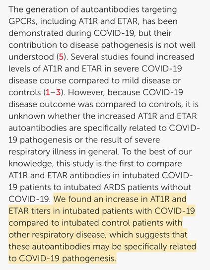 We found an increase in AT1R and ETAR titers in intubated patients with COVID-19 compared to intubated control patients with other respiratory disease, which suggests that these autoantibodies may be specifically related to COVID-19 pathogenesis.