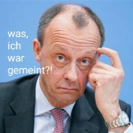 Merz kratzt sich ratlos am kopf, spruch: was, ich war gemeint?