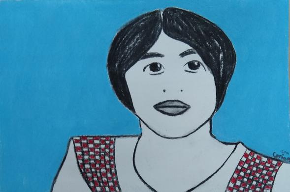 Portrait of the grandmother of Suze Zijlstra, who wrote a book about her life in Indonesia during the occupation of the Dutch. The book is called:

De Voormoeders. 
Een verborgen Nederlands-Indische familiegeschiedenis.

Pastel drawing made by Corina Karstenberg in the colours light blue, red and white.