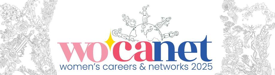 The text in pink, red and blue reads wocanet and women's careers & networks 2025. The image above shows five female scientists standing on a half globe with images representing science on either side of the lettering. The images are delicate outlines showing DNA to flowers and more representing a myriad of research topics