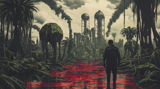 Éden Toxique.
Paysage post-apocalyptique avec un explorateur solitaire face à une jungle défigurée par l'industrie et un fleuve rouge sang.
Post-apocalyptic landscape with a lone explorer facing a jungle scarred by industry and a blood-red river.