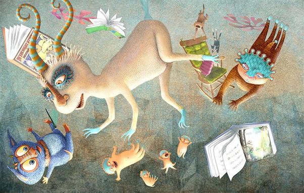 Against a light-filled, textured background, multiple monsters of all shapes and sizes glance around in surprise, as they begin to fall through the light filled space along with books and, of all things, a rocking chair...