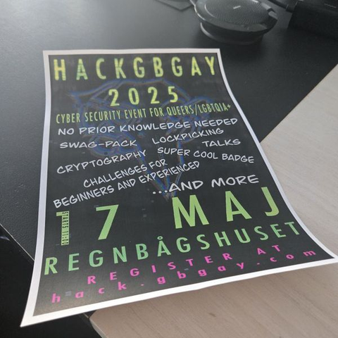 Flyer about HACKGBGAY with big text naming the event and the place top and bottom, with lots of keywords in between.