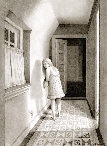 Black and white graphite/pencil drawing of a young girl in a nightgown standing in a hallway. She looking over her shoulder at a tiny shadow on the wall.  On the other wall is an open glowing doorway with a tiny winged creature peeking out. NOTE: This description created especially for my lovely blind friend, Georgiana. :-)