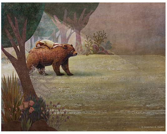Early in the morning, at the edge of a forest of brown and purple, greens and gold, a smiling bear pads quietly across the grass. Caught in a sunbeam, a young girl in a flowered yellow dress is sleeping upon his back, her arms folded under her head. Plants, like ferns and budding flowers, line each side of the glade. NOTE: This description is created especially for my lovely blind friend, Georgiana. :-)