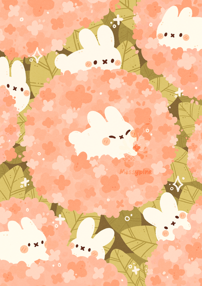 Digital illustration of pink Hydrangeas with white bunnies hidden amongst them