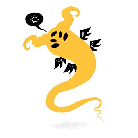 Simple illustration of a floating, twisting yellow creature with a long tail, two curled yellow horns, five black eyes, and four black wings. One black speech bubble floats above, with a white line illustration of a sun symbol in it.