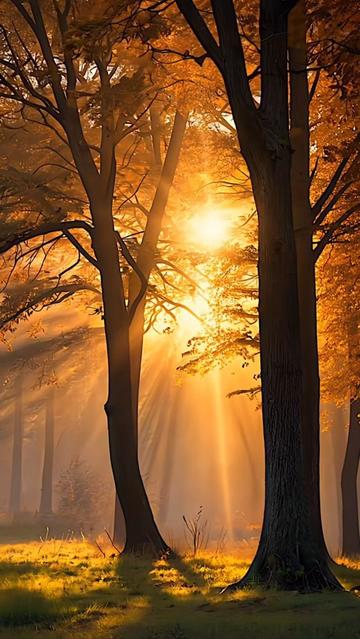 Tiefstehende Sonne scheint mit sichtbaren Strahlen in einen Wald, 
vorn im Bild zwei Bäume im Gegenlicht
Quelle: Patouji 108,  Pinterest