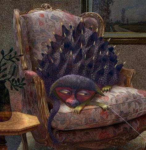 Comfortably curled on an antique chair, a strange spiked, blueish creature lounges. Gazing lazily at a its pet, a smaller green creature with feathered pink ruff and tail, it teases with a string attached to a stuffed toy, which is lodged in its pets mouth. The expression on the pet is both pleading and slightly terrified. We can only guess at their past relationship. NOTE: This description created especially for my lovely blind friend, Georgiana. :-)