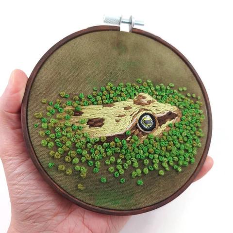 Broderie d'une grenouille semi-immergée au milieu de lentilles d'eau.
Elle est réalisée sur une toile peinte en kaki, tendue sur un cercle à broder en bois marron foncé.
L'oeil de la grenouille est un morceau de CD fixé grâce à la technique de la broderie miroir, et recouvert de résine jaune.