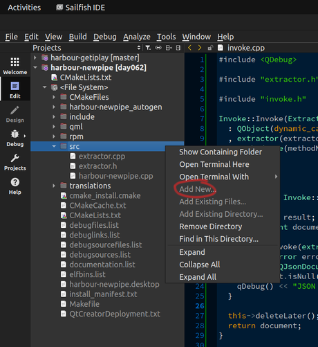 A screenshot of the Sailfish IDE. The Projects pane is showing with the structure for harbour-newpipe expanded. The filelist includes CMakeLists.txt indicating it's a CMake project. The context menu is open next to the "src" directory, but the "Add New..." option is greyed out. A red ring has been drawn around this "Add New..." element to highlight it.