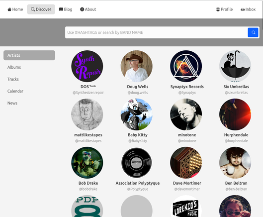 Discovery page / artist listing with no filters.