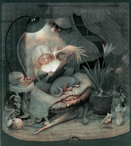 On a muted dark green watercolor wash, a detailed pencil/graphite drawing of a young girl staring avidly at an open book. She is seated in a chair and surrounded by all kinds of creatures, including a turtle, rabbit, owl, alligator, snake, fish and bird. Next to her on a small table, a cup of steaming tea and a plate of cookies.