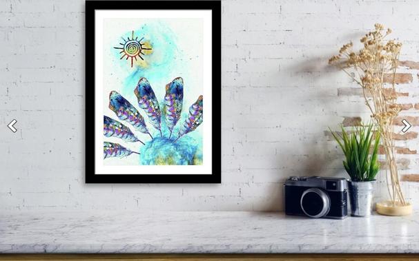 Artwork featuring a sun symbol and colorful feathers on blue by artist Sharon Cummings.  Haiku in post.
