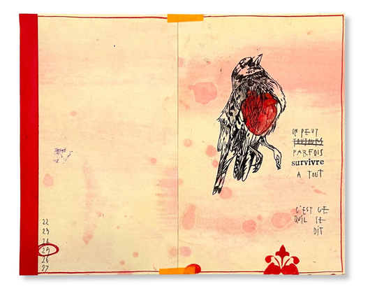 Monotype à l’encre d’oiseau , un cœur à l’huile est figé au milieu du corps de l’oiseau mort