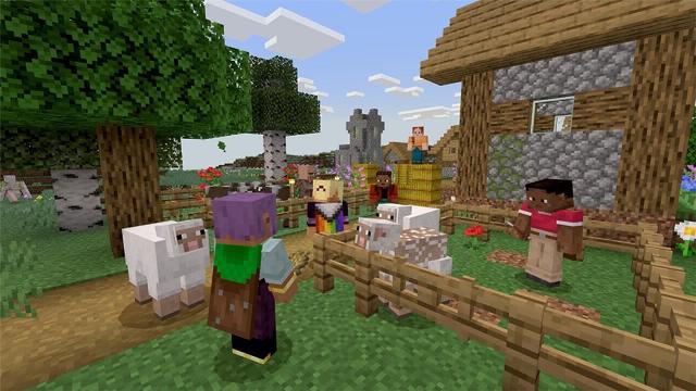 A Minecraft screen shot of several Minecraft character hanging out in a village, one is inside a pen feeding sheep, one is watching them while wearing the grass black cape, and in the background is a blind character wearing a progress pride flag cape