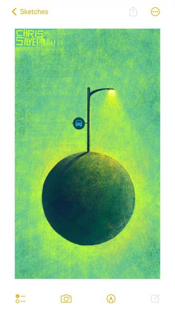 A desolate scene: a small, dark planet hangs in a green space, a greenish glow around it. There is nothing on the planet except a lit streetlight with a “bus stop” sign fixed to it; no signs of life or anything. The street lamp casts a yellow light. The painting is signed “Chris Silverman”.