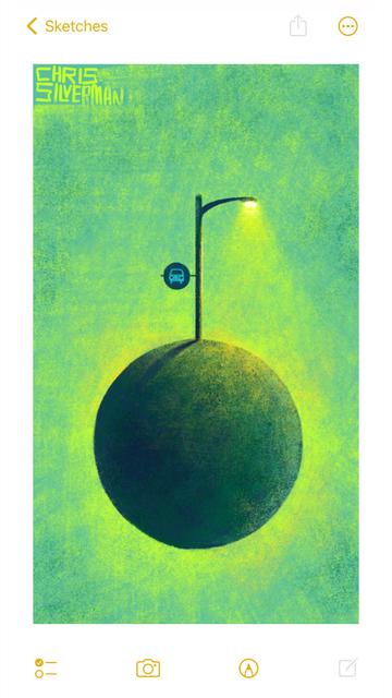 A desolate scene: a small, dark planet hangs in a green space, a greenish glow around it. There is nothing on the planet except a lit streetlight with a “bus stop” sign fixed to it; no signs of life or anything. The street lamp casts a yellow light. The painting is signed “Chris Silverman”.
