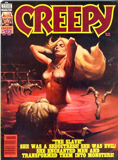 A woman with long full blonde hair, wearing jewellery and a very brief metal brassiere, reaches her hands up behind her head in a pool of red liquid. her eyes are closed. In front of her a gnarled humanoid figure with spines on its head is apparently bowing down.
Creepy magazine cover 1980.