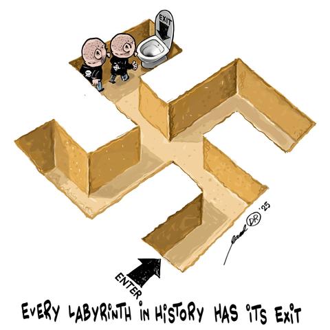 Cartoon showing a labyrinth in the shape of a giant swastika. How neonates are walking near the end of one arm of the swastika, where a toilet bowl is labeled 'exit'. The caption underneath reads: 'Every labyrinth in history has its exit'