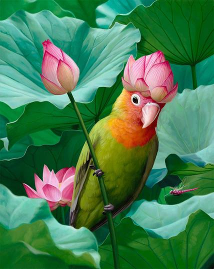 Painting of a vibrant green parrot with an orange face sitting among pink lotus flowers and green leaves.