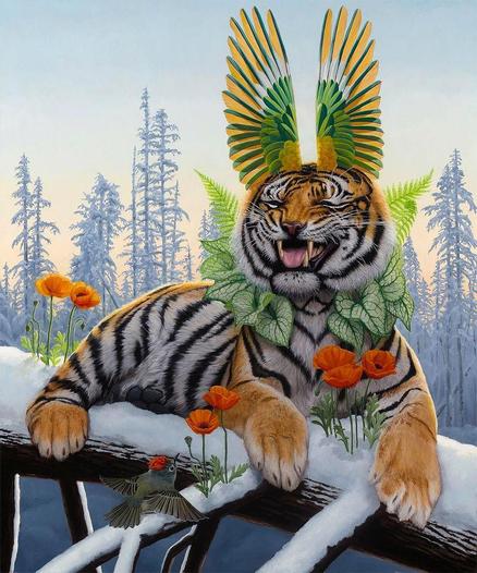 Painting of a playful tiger adorned with feathers and foliage lounging on a snowy branch, surrounded by vibrant orange flowers and evergreen trees.