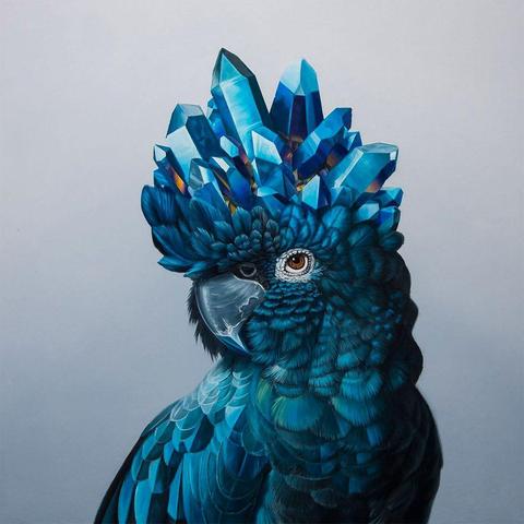 Painting of a vibrant blue parrot with textured feathers, adorned with glimmering crystal formations on its head against a soft gray background.