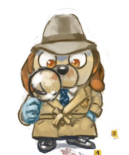 Digital painting of cartoony police detective beagle, looking for clues through magnifying glass