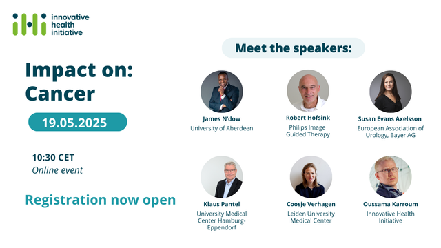 Card showing the faces of the speakers at the Impact on Cancer online event. Speaker line-up: 
James N'dow of the University of Aberdeen
Robert Hofsink of Philips Image Guided Therapy
Susan Evans Axelsson of the European Association of Urology and Bayer AG
Klaus Pantel of the University Medical Center Hamburg-Eppendorf
Coosje Verhagen of the Leiden University Medical Center
Oussama Karroum of the Innovative Health Initiative