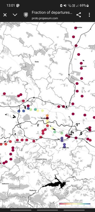 Clockface schedule map showing only the trace of SKA1 railway line in Cracow fulfilling the criteria