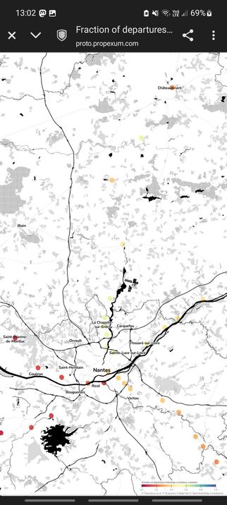Clockface schedule map showing only the trace of T1 tram-train line in Nantes having result higher than 0,5