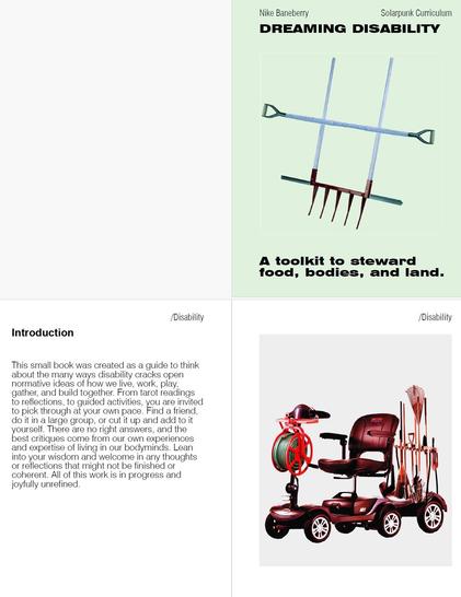 A book spread of four pages in a grid. Some have collages of farming tools, others have black and white text. This is the cover and intro pages.